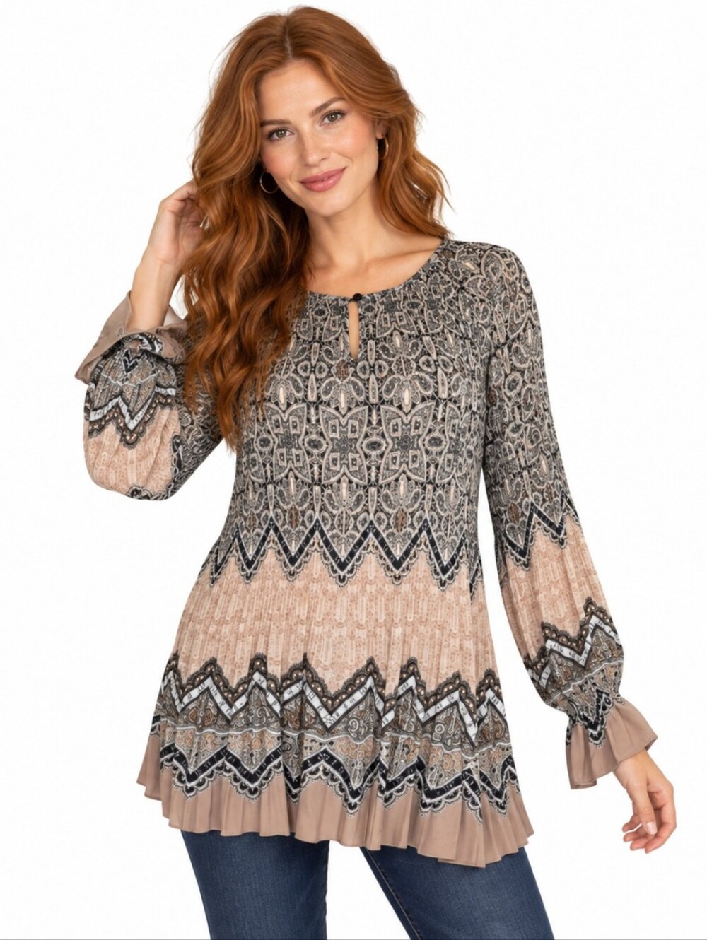 Umgee Boho Pleated Tunic Top S Beige Black Print Long Sleeve Flowy Blouse
